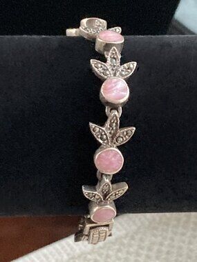 Marcasite Leaves, Pink MOP? Lucite? 7.5" Link Bracelet, GLOWS, Sterling, VINTAGE